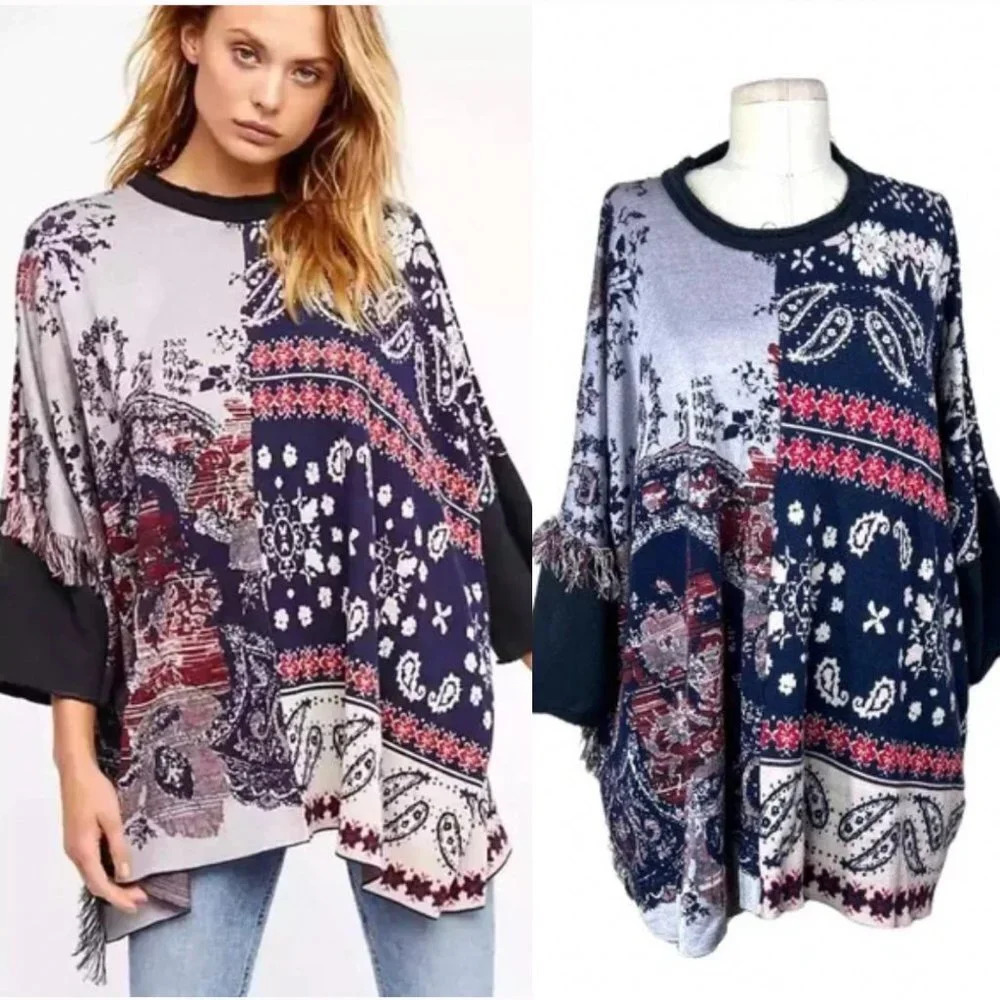 Free People Pieced With Paisley Fringed Top Blue Red Size XS/S